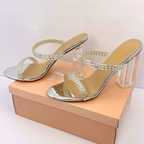 GLAZE SILVER CHAIN STRAPPY SANDALS, ALL MAN-MADE MATRIAL, WOMEN’S SIZE 10 - Picture 4 of 17